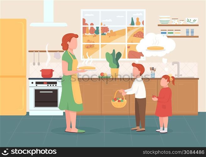 Seasonal baked treat flat color vector illustration. Mother give children apple pie. Kids bring fall fruit to mom. Family in kitchen 2D cartoon characters with interior on background. Seasonal baked treat flat color vector illustration