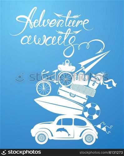 Seasonal card with small and cute retro travel car with luggage on blue background. Calligraphic handwritten text Adventure awaits. Element for summer greeting cards, posters and t-shirts printing.
