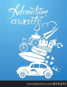 Seasonal card with small and cute retro travel car with luggage on blue background. Calligraphic handwritten text Adventure awaits. Element for summer greeting cards, posters and t-shirts printing.