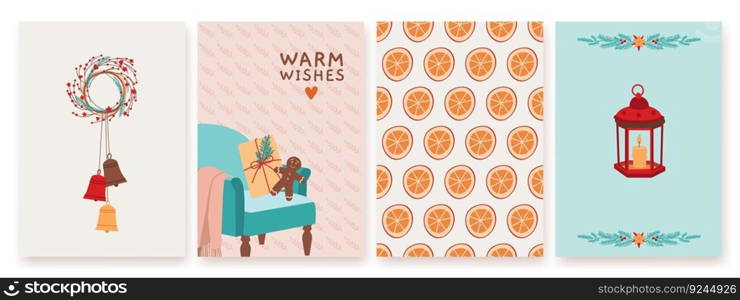 Seasonal cards or notebook covers design with warm elements. Winter autumn banners, gift and gingerbread, bells wreath vector seamless pattern. Illustration of notebook card stationary greeting. Seasonal cards or notebook covers design with cozy warm elements. Winter autumn banners, chair with gift and gingerbread, bells wreath and dried oranges vector seamless pattern