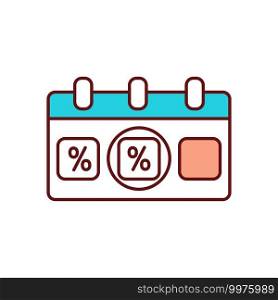 Seasonal clearance sale schedule RGB color icon. Smart shopping tips. Commercial event, marketing strategy. End of season discount. Percent off purchase. Isolated vector illustration. Seasonal clearance sale schedule RGB color icon