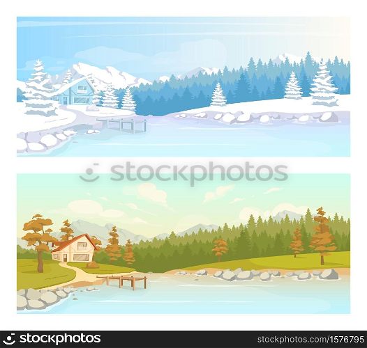 Seasonal countryside scenery flat color vector illustration set. Autumn scenery near lake. Cottage in wInter forest. Country climate 2D cartoon landscape with nature on background collection. Seasonal countryside scenery flat color vector illustration set