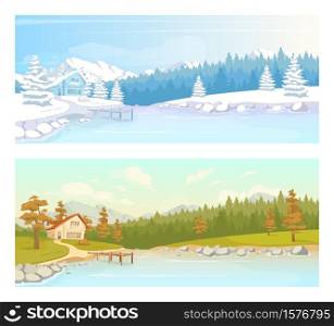 Seasonal countryside scenery flat color vector illustration set. Autumn scenery near lake. Cottage in wInter forest. Country climate 2D cartoon landscape with nature on background collection. Seasonal countryside scenery flat color vector illustration set