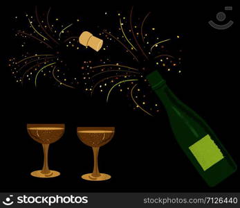 Seasonal decoration with elegant champagne glasses coupes and opened bottle of champagne. Festive illustration for holiday greeting card, postcard. Vector. Seasonal decoration with elegant champagne glasses
