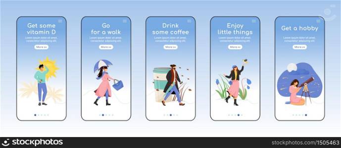 Seasonal depression prevention advices onboarding mobile app screen flat vector template. Walkthrough website steps with characters. UX, UI, GUI smartphone cartoon interface, case prints set