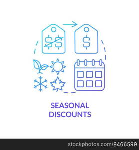 Seasonal discount blue gradient concept icon. Reduced price to increase sales. Type of allowances abstract idea thin line illustration. Isolated outline drawing. Myriad Pro-Bold font used. Seasonal discount blue gradient concept icon