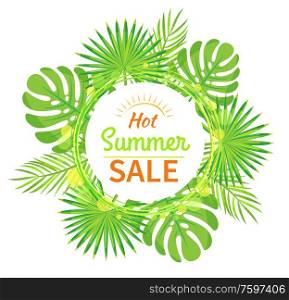 Seasonal discount isolated icon, summer sale emblem, palm leaves vector. Special offer, shopping and price reduction, exotic foliage, tropical greenery. Summer Sale Emblem, Palm Leaves, Seasonal Discount