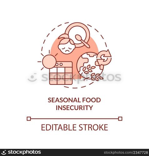 Seasonal food insecurity red concept icon. Types of food insecurity abstract idea thin line illustration. Isolated outline drawing. Editable stroke. Arial, Myriad Pro-Bold fonts used. Seasonal food insecurity red concept icon