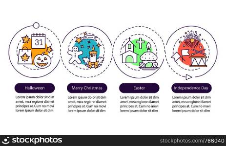 Seasonal holidays vector infographic template. Halloween, Easter, Independence Day, Christmas. Data visualization with four steps and options. Process timeline chart. Workflow layout with linear icons. Seasonal holidays vector infographic template