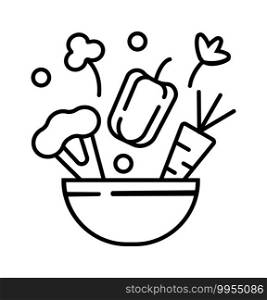 Seasonal menu icon in outline style. Cauliflower, peppers, carrots, vegetables fall into the bowl. Parsley, celery and peas are added to the dish. Vegan food or salad sign.. Seasonal menu icon in outline style. Cauliflower, peppers, carrots, vegetables fall into the bowl. Parsley, celery and peas are added to the dish. Vegan food or salad