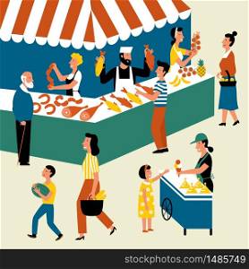 Seasonal outdoor market, street food festival. People walking between counters, buying farm products and goods. Buyers and sellers on marketplace. Cartoon vector flat illustration.