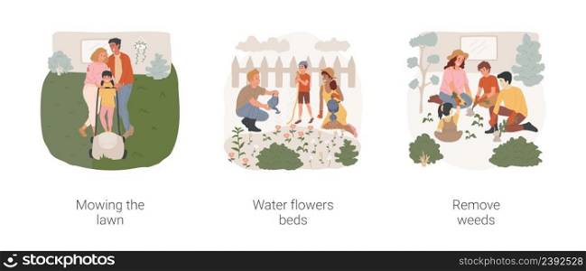 Seasonal outdoor works isolated cartoon vector illustration set. Mowing the lawn, water flowers beds outdoor, child holding a hose, remove weeds on backyard, family working outside vector cartoon.. Seasonal outdoor works isolated cartoon vector illustration set.