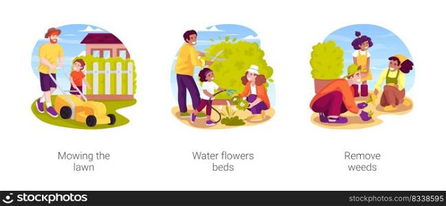 Seasonal outdoor works isolated cartoon vector illustration set. Mowing the lawn, water flowers beds outdoor, child holding a hose, remove weeds on backyard, family working outside vector cartoon.. Seasonal outdoor works isolated cartoon vector illustration set