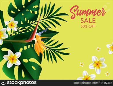 Seasonal reduction of price, summer sale up to 50 percent off. Promotion and marketing, advertisement for shop o store, vacation clearance and tropical banner with flowers. Vector in flat style. Summer sale, clearance offer and discounts vector