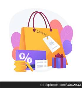 Seasonal sale discounts. Presents purchase, visiting boutiques, luxury shopping. Price reduction promotional coupons, special holiday offers. Vector isolated concept metaphor illustration. Shopping discounts vector concept metaphor