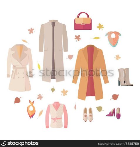 Seasonal Sale Vector Concept in Flat Design. Big autumn sales vector concept. Flat design. Warm womens clothes, shoes and accessories for cold season on wite background with fallen leaves and sticker with text For store discounts ad design