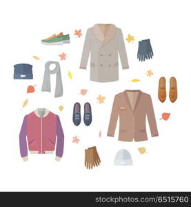 Seasonal Sale Vector Concept in Flat Design. Big autumn sales vector concept. Flat design. Warm mens clothes, shoes and accessories for cold season on orange background with fallen leaves and sticker with text For store discounts ad design