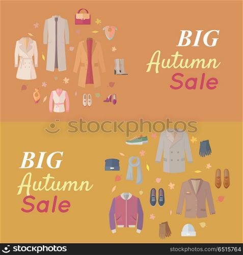 Seasonal Sale Vector Concept in Flat Design. Big autumn sales vector concept. Flat design. Warm womens and mens clothes, shoes and accessories for cold season on wite background with fallen leaves and sticker with text For store discounts ad design