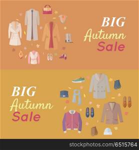 Seasonal Sale Vector Concept in Flat Design. Big autumn sales vector concept. Flat design. Warm womens and mens clothes, shoes and accessories for cold season on wite background with fallen leaves and sticker with text For store discounts ad design