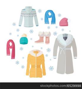 Seasonal Sale Vector Concept in Flat Design. Big winter sales vector concept. Flat design. Warm womens clothes, shoes and accessories for cold season on blue background with snowflakes and sticker with text For store discounts ad design