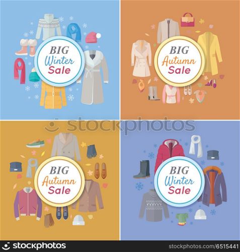 Seasonal Sales Vector Concepts. Flat style. Big winter and autumn sales. Warm mens, and women s clothes, shoes and accessories for cold season on colored backgrounds. For store discounts ad design. Seasonal Sales Vector Concepts in Flat Design. Seasonal Sales Vector Concepts in Flat Design
