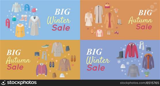 Seasonal Sales Vector Concepts in Flat Design. Seasonal Sales Vector Concepts. Flat style. Big winter and autumn sales. Warm mens, and women s clothes, shoes and accessories for cold season on colored backgrounds. For store discounts ad design