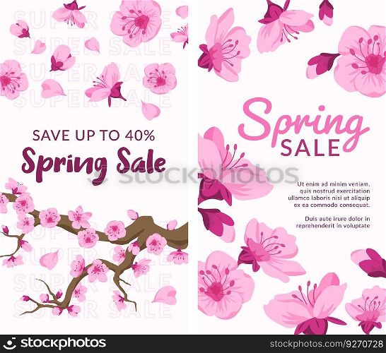 Seasonal spring sale with reduction of price up to forty percent. Discounts and offers for clients and loyal customers. Promotional banner of store or shop business design. Vector in flat style. Spring sale up to forty percent, promo banner