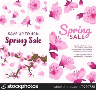 Seasonal spring sale with reduction of price up to forty percent. Discounts and offers for clients and loyal customers. Promotional banner of store or shop business design. Vector in flat style. Spring sale up to forty percent, promo banner
