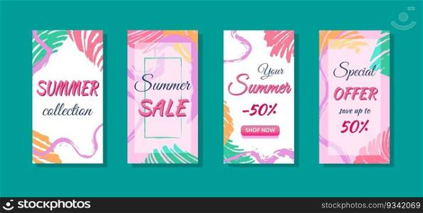Seasonal summer sale posters, labels, website button. Four vertical banners or flyers in bold color scheme with marker and paint strokes. Creative contemporary clip art for various prints. Summer sale vertical posters with retro strokes