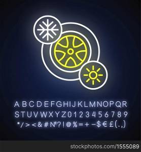 Seasonal tyres neon light icon. Safety driving rule. Outer glowing effect. Sign with alphabet, numbers and symbols. Automobile tyres for winter and summer vector isolated RGB color illustration. Seasonal tyres neon light icon