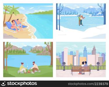 Seasonal vacation spots flat color vector illustration set. Natural retreat. Couples spending time together 2D simple cartoon characters collection with stunning landscapes and cityscape on background. Seasonal vacation spots flat color vector illustration set