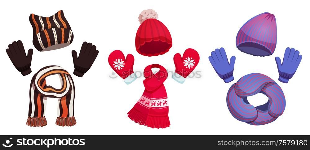 Seasonal winter scarf hats collection with three sets of colourful cold weather clothing on blank background vector illustration