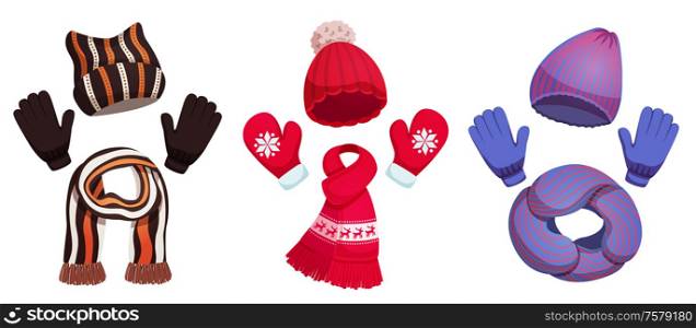 Seasonal winter scarf hats collection with three sets of colourful cold weather clothing on blank background vector illustration
