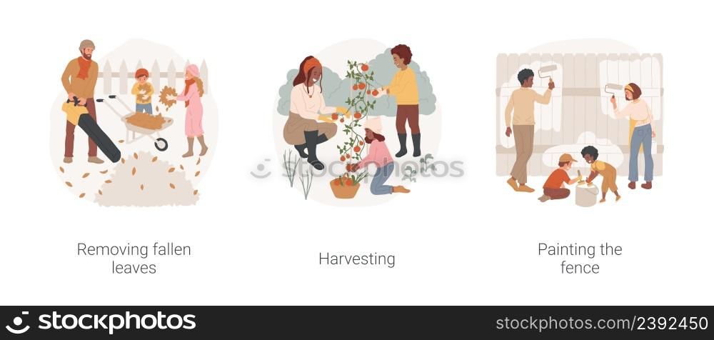 Seasonal work outdoors isolated cartoon vector illustration set. Removing fallen leaves, man use blower, family harvesting greens on backyard, children help to paint the fence vector cartoon.. Seasonal work outdoors isolated cartoon vector illustration set.