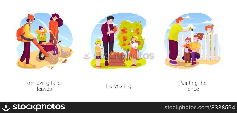 Seasonal work outdoors isolated cartoon vector illustration set. Removing fallen leaves, man use blower, family harvesting greens on backyard, children help to paint the fence vector cartoon.. Seasonal work outdoors isolated cartoon vector illustration set