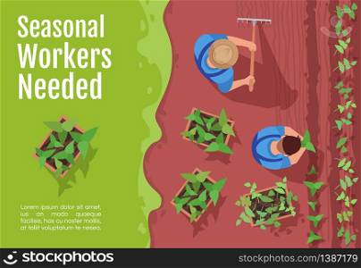 Seasonal workers hiring banner template. Job opportunity. Commercial horizontal flyer design with semi flat illustration. Vector cartoon promo card. Vacancy on farm advertising invitation. Seasonal workers hiring banner template