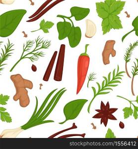 Seasonings herbs and spices seamless pattern organic condiments vector cinnamon and chili pepper parsley and dill rosemary, and ginger anise and clove leek and mint garlic endless texture cooking. Herbs and spices seamless pattern organic condiments and seasonings