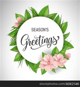 Seasons greetings lettering in circle with pink flowers. Offer or sale advertising design. Handwritten and typed text, calligraphy. For brochure, invitation, poster or banner.