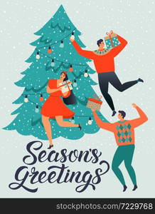 SEASONS GREETINGS. People young men and women decorate a Christmas tree. Greeting card for Merry Christmas and Happy New Year. Illustration for flyer and booklet, brochure and website. SEASONS GREETINGS. People young men and women decorate a Christmas tree.