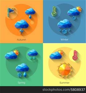 Seasons weather forecast design concept set with polygonal icons isolated vector illustration. Seasons Weather Set