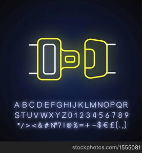 Seat belt neon light icon. Safe driving rule, security measure, safety precaution. Outer glowing effect. Sign with alphabet, numbers and symbols. Vector isolated RGB color illustration. Seat belt neon light icon