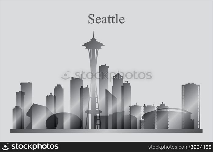 Seattle city skyline silhouette in grayscale, vector illustration