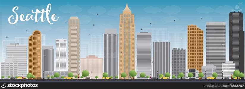 Seattle City Skyline with Grey Buildings and Blue Sky. Vector Illustration