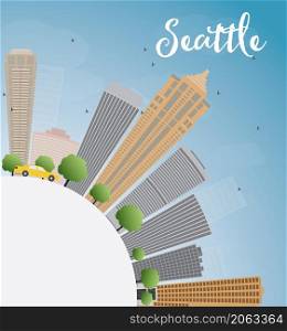 Seattle City Skyline with Grey Buildings, Blue Sky and copy space. Vector Illustration
