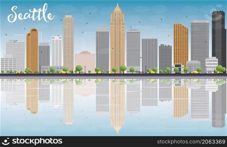 Seattle City Skyline with Grey Buildings, Blue Sky and reflections. Vector Illustration