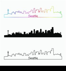 Seattle skyline linear style with rainbow in editable vector file