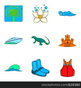 Seawater icons set. Cartoon set of 9 seawater vector icons for web isolated on white background. Seawater icons set, cartoon style