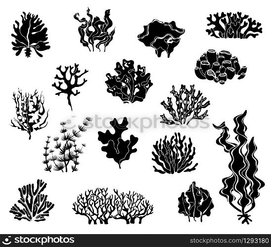 Seaweed silhouettes. Black icons of coral elements and underwater wildlife plant marine vector set. Seaweed silhouettes. Black icons of coral elements and underwater wildlife marine vector set