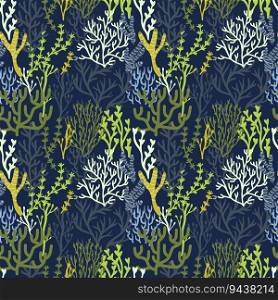 Seaweeds pattern. Seamless print of aquatic plants and nature, wallpaper background cartoon blue algae, endless marine wrapping paper and textile. Vector ocean seaweed aquatic seamless illustration. Seaweeds pattern. Seamless print of aquatic plants and nature, wallpaper background with cartoon blue algae, endless marine wrapping paper and textile. Vector texture
