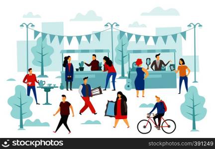 Second hand shop. Flea market, street shop trading stalls and fashion clothes swap. People selling cloth, second clothes marketing or tourism fashion shopping flat vector illustration. Second hand shop. Flea market, street shop trading stalls and fashion clothes swap. People selling cloth flat vector illustration